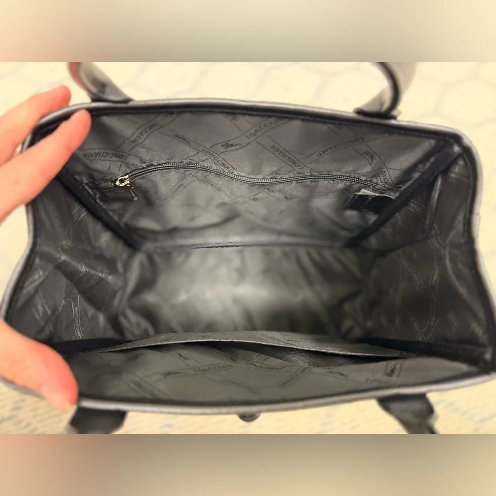 LONGCHAMP Vintage Y2K Mini Roseau Black Leather Tote Bag W/ Bamboo Toggle Silver